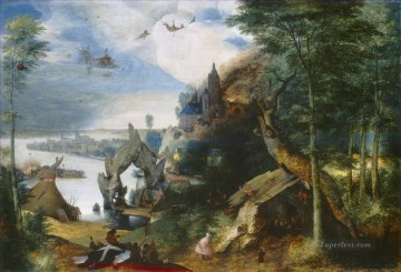  Antonio Obras - Paisaje con la tentación de San Antonio campesino renacentista flamenco Pieter Bruegel el Viejo